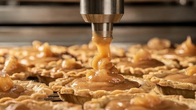 Medium shot of injector nozzle carefully depositing apple filling into pie crusts on a production line highlighting the smooth filling process and golden dough textures.