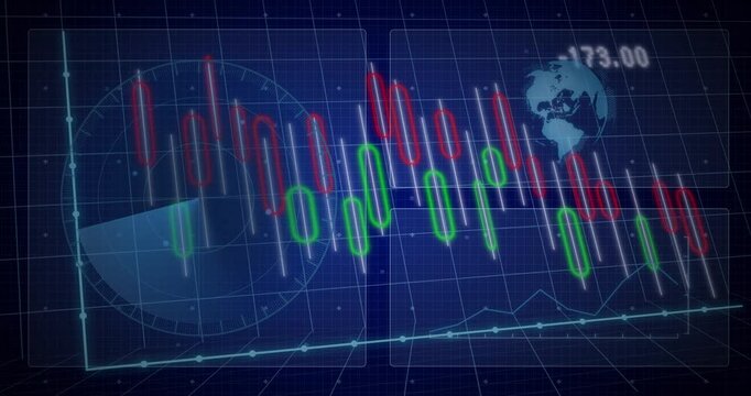 On load HUD displaying pulsing candles sweeping radar globe rising baseline inclining to show trend