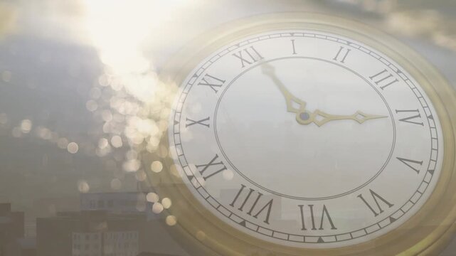 Sun flare starting sheer clock overlay gold hands rotating as tide advancing showing time passing