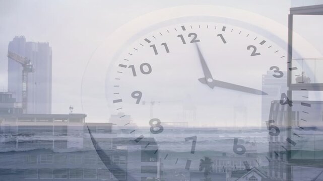 Faint analog clock face rotating hands on frame tick, ghosting over hazy coastal city, showing time