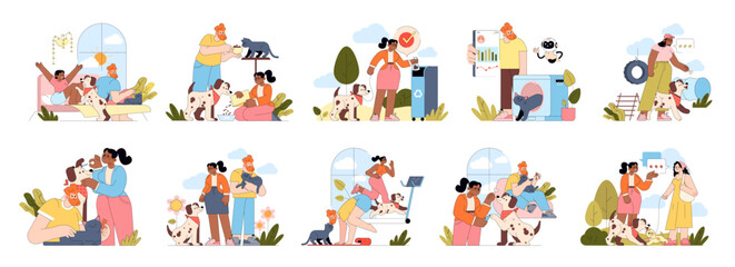 Fototapeta premium Family Life with Pets Vector Illustration Set