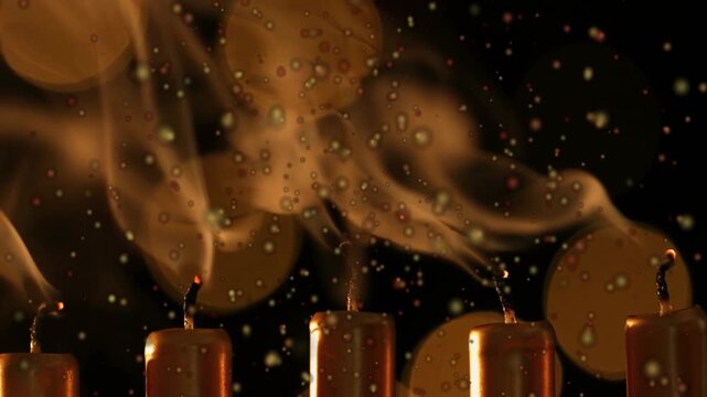 Row of five orange candles flickering then extinguishing after sudden draft, smoke curling upward