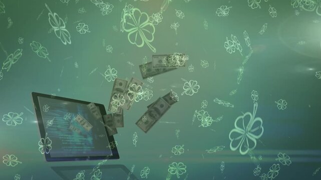 Tablet entering left and emitting bills in arcing waves clovers drifting showing payment flow
