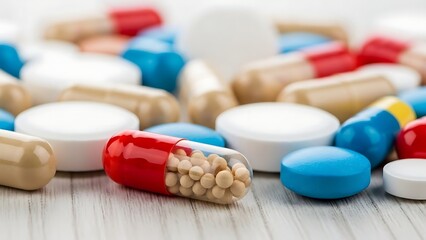 Closeup of various colorful pills and capsules on a surface  pharmaceuticals and medication