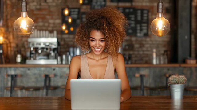 A smiling young woman with curly hair works on a portable computer at a modern cafe bar counter embodying remote work and digital nomad freedom