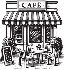 A charming quaint cafe exterior with cafe sign and outdoor seating, illustration style evoking a cozy and inviting atmosphere.