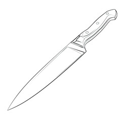 Obraz premium A detailed black and white illustration of a chef's knife, angled on a dark background