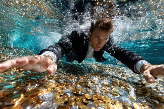 Man in suit swimming in a pool filled with gold and silver coins during the day