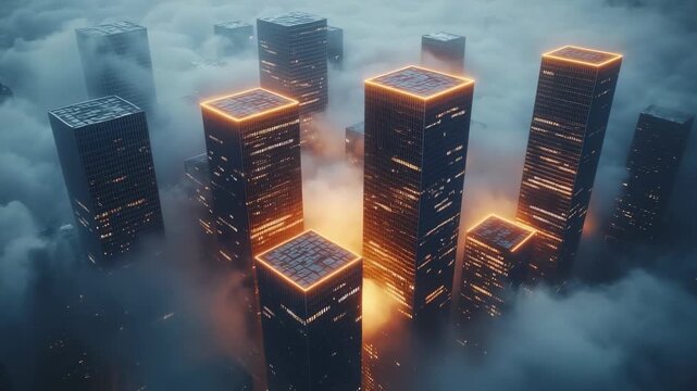 Digital market towers glowing in a data cloudscape symbolizing financial analytics economic expansion and blockchain technology network