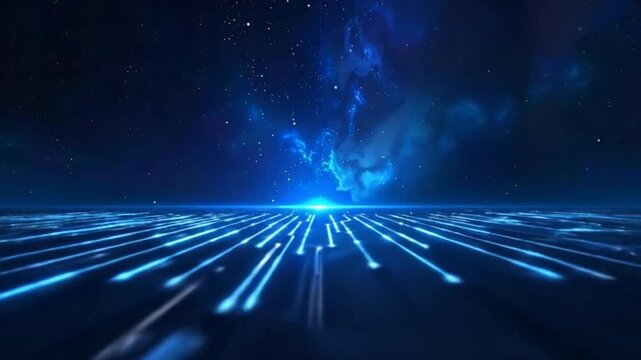 Futuristic technology background with glowing circuit board patterns and cosmic nebula backdrop.