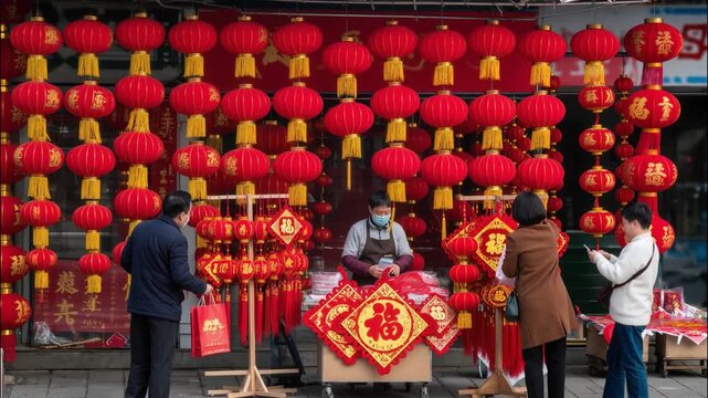 A vendor selling Chinese New Year decorations, red lanterns and paper ornaments filling the frame with natural interaction between seller and customers in a festive market, 4k video footage