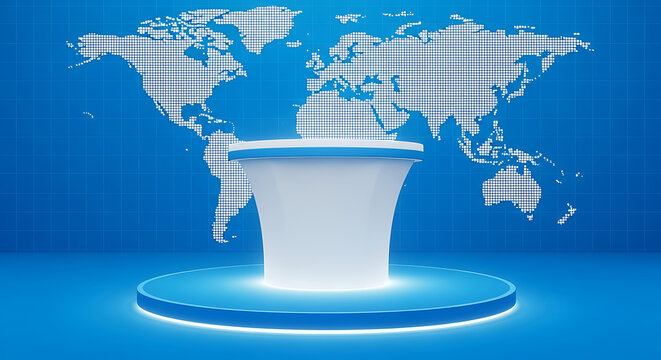 Futuristic podium with world map in the background