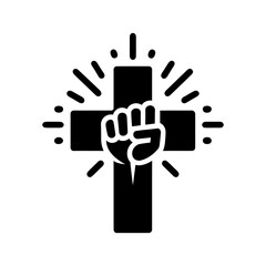 Obraz premium Fist on the background of a Christian cross icon. Black silhouette icon isolated on white background. Vector illustration.