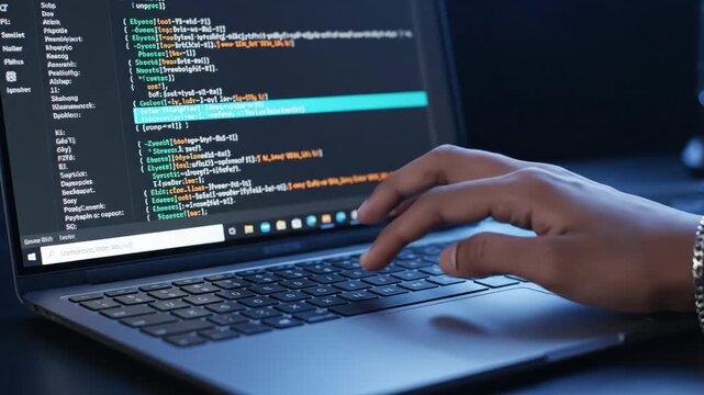Coding on a laptop in a dark room with hands typing and code on the screen during late night programming session