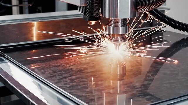 A machine processes metal, emitting bright sparks during the cutting. The cutting machine showcases advanced technology, with precision evident in its operation.