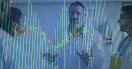 Gesturing doctor briefing group in clinic corridor, in lab coat, stethoscope, folder, chart overlay