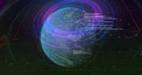 Fototapeta premium Displaying 3D globe overlaying wireframe mesh at monitoring HUD, showing neon rings, code overlays