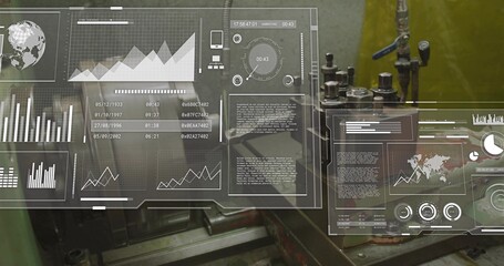Displaying translucent HUD dashboard monitoring machine tool at workshop, with charts and valves