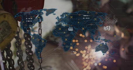 Displaying translucent world map overlay in workshop, with hanging chains, strap and sparks