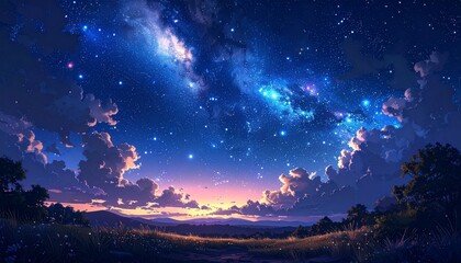A breathtaking night scene with a starry sky and clouds at dusk in a natural landscape
