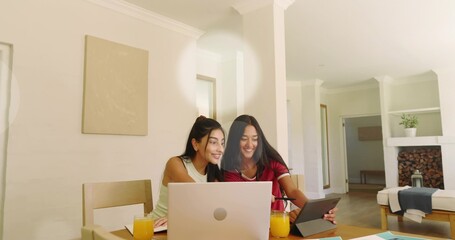 Working two adult women sharing tablet and viewing silver laptop at dining table with orange juice © vectorfusionart