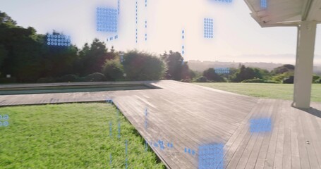 Naklejka premium Showing wood deck and pool leading to hills in backyard, with patio column and blue artifacts