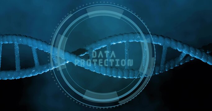 Displaying glowing DNA helix running across frame in digital lab, with HUD DATA PROTECTION