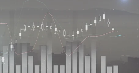 Fotobehang Vlees Showing chart filling screen over urban skyline, with candles, volume bars, red and blue MA lines  © vectorfusionart