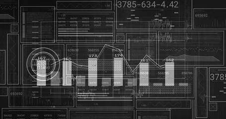 Fotobehang Buffet Displaying data visualization showing faint bar charts with overlaid line graph on HUD, with gauge  © vectorfusionart