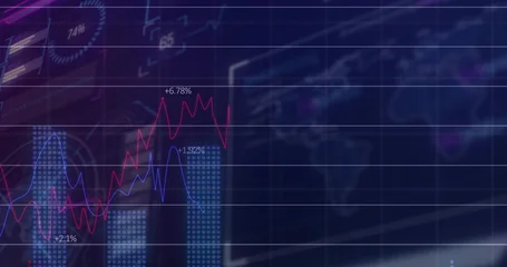 Fotobehang Vlees Displaying trading dashboard occupying left monitor at desk, showing red and blue charts, +6  © vectorfusionart
