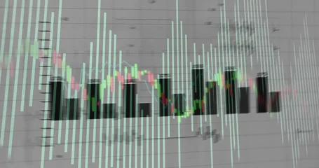 Fotobehang Vlees Displaying financial chart on grey grid, showing black bars or cyan vol or green-red candles or blue  © vectorfusionart