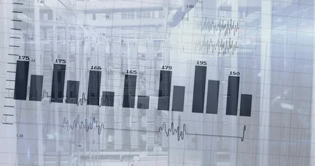 Fotobehang Buffet Displaying faint analytics overlay with bar chart numeric labels waveform over data center racks  © vectorfusionart