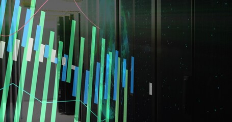 Displaying translucent bar chart and line graphs across left data center aisle with server cabinets © vectorfusionart