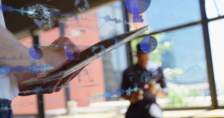 Tapping hand holding phone at office, showing data overlays and coworker in blazer, copy space © vectorfusionart