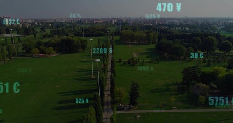 Obraz premium Stretching tree-lined central promenade running through city park with lamp posts and teal overlays