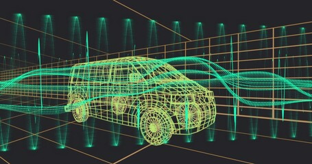 Rendering neon wireframe SUV floating in simulation space, showing teal flows and orange grid © vectorfusionart