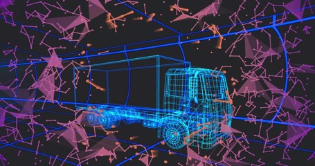 Fototapeta premium Driving cyan wireframe box truck moving through neon-lit data tunnel, with floating polygon meshes