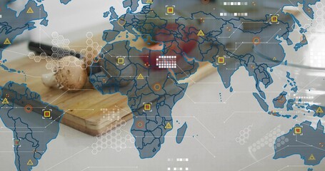 Showing cutting board with chef's knife, mushroom and sliced tomato on pale counter, data overlay