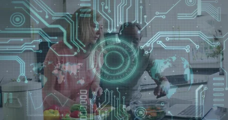 Fotobehang Koken Preparing couple in casual clothes chopping vegetables at kitchen counter, with laptop HUD overlay  © vectorfusionart