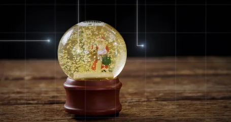 Fotobehang Vlees Glowing glass snow globe containing Santa in red coat holding gifts on wood table with glitter  © vectorfusionart