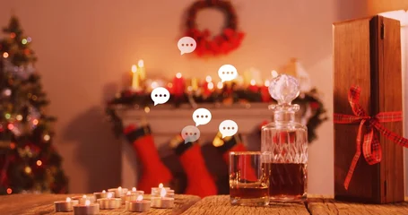 Fotobehang Vlees Glowing crystal decanter with stopper and tumbler holding amber spirit, candles on rustic table  © vectorfusionart