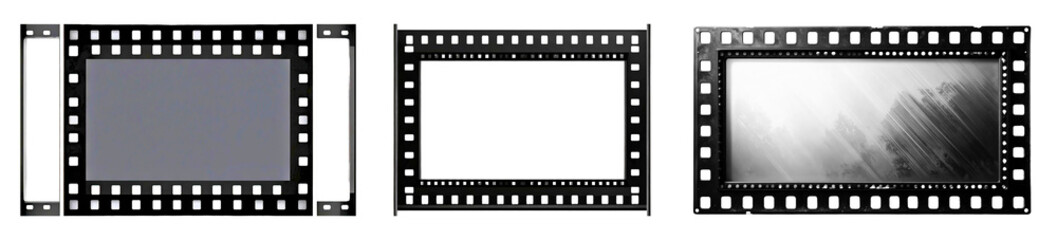 Obraz premium Collection of 35mm film with perforations and different letters, Set of png on transparent background