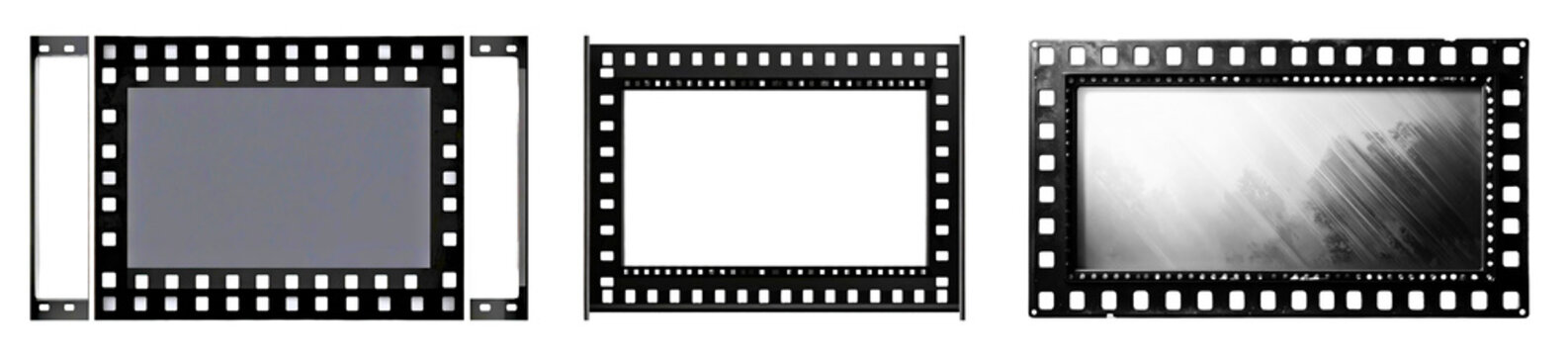 Collection of 35mm film with perforations and different letters, Set of png on transparent background