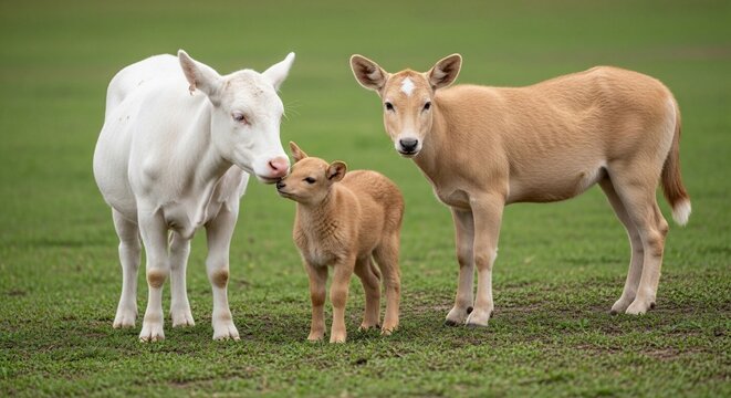 Three calves in a grassy field, one white, two brown, with one brown calf being licked by the white calf.