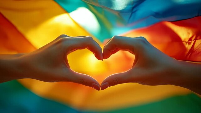 An LGBTQ+ couple\'s hands form a heart shape against the beautiful rainbow pride flag, symbolizing love and connection
