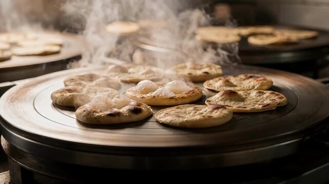 Close medium view of multiple tortillas inflating simultaneously on large rotating comal plates showcasing the rhythmic motion and steam rising from the cooking process.