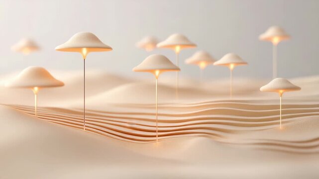 Abstract visualization of glowing microscopic structures on an undulating surface representing advanced biotechnology and future healthcare applications