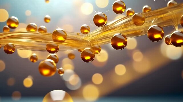 Abstract golden spheres moving with dynamic light waves illustrating nanotechnology and biotechnology concepts for modern science and medical applications