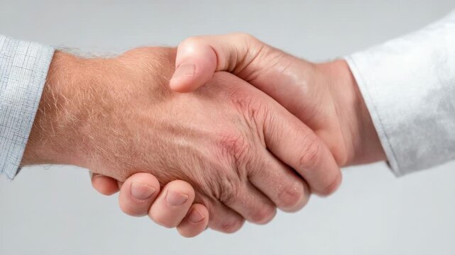 Close-up of a firm handshake between two men on white background, symbol of partnership, business agreement, trust, and successful collaboration.