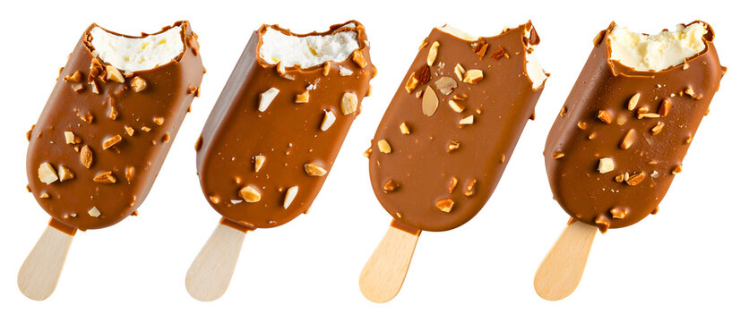 Collection of Whole brown popsicle ice cream bar with nuts, Set of png on transparent background